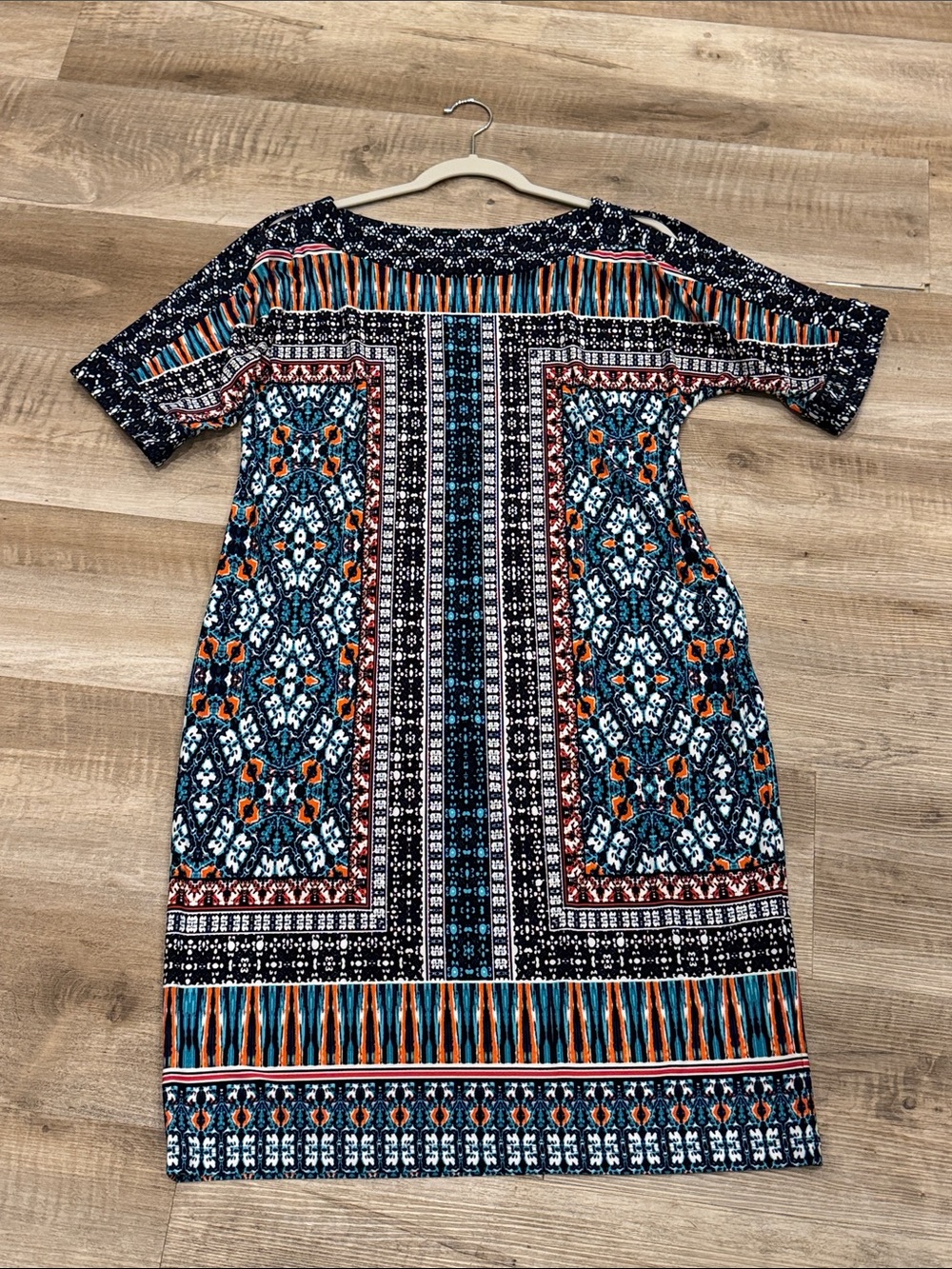 CHICO'S Cold-Shoulder Geometric Print Midi Shift Dress Boho